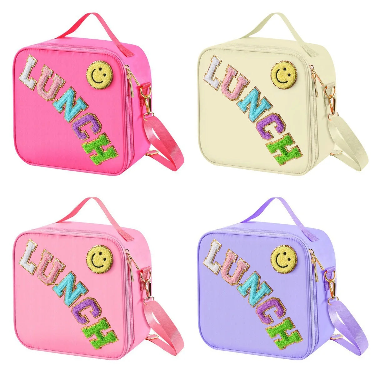 Lunch Bag, Adjustable Strap Insulated Insulated Bag, With Chenille Letter Patch Decor, For School Travel Picnic