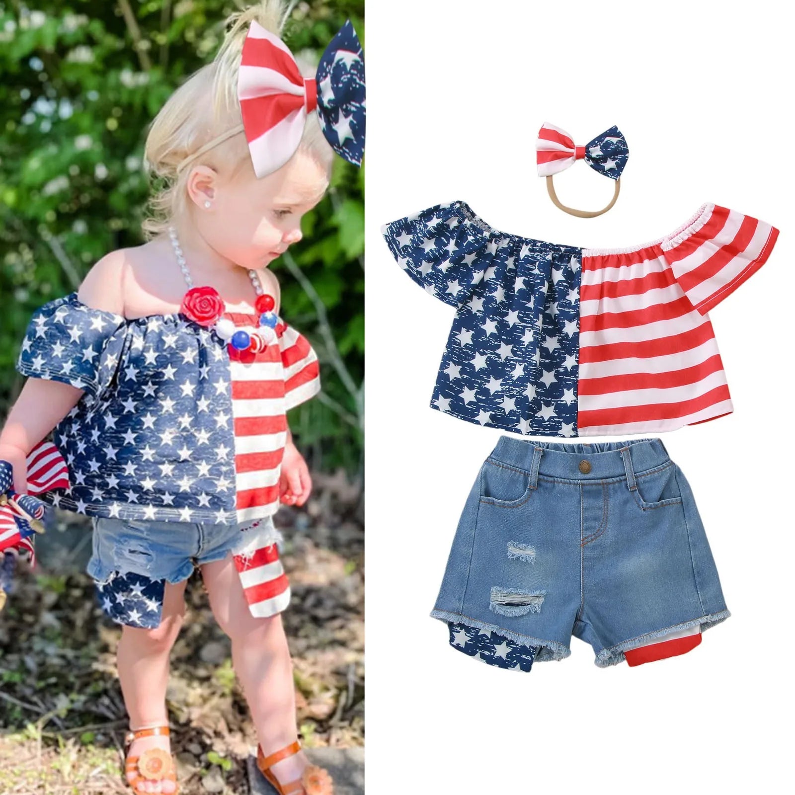 Kids Clothes Girls Summer 3Pcs Outfit Off-shoulder T-shirt with Patchwork Denim Shorts Headband 4th of July Clothing for 1-5Y