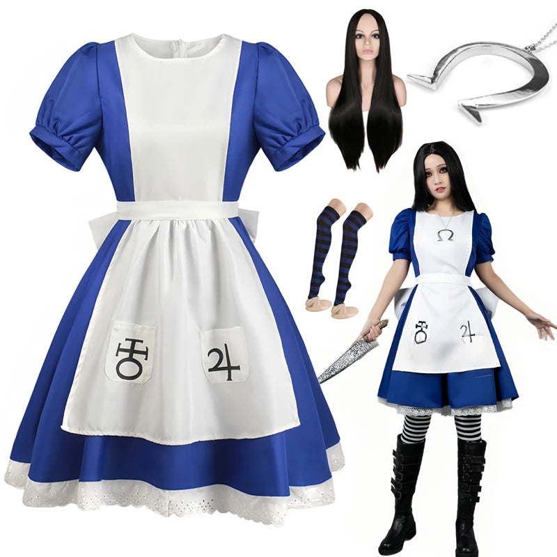 (NO Stain) Alice Madness Returns Cosplay Halloween Costume And Maid Apron Dress and Socks Women Anime Girl Women Carnival Party Dress Up