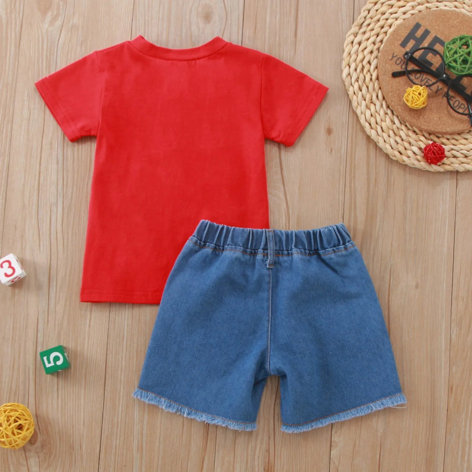 1-5Y Baby Boys Summer Outfits Letter Print Short Sleeve T-shirt and Ripped Denim Shorts Sets for 4th of July Boys Kids Clothes