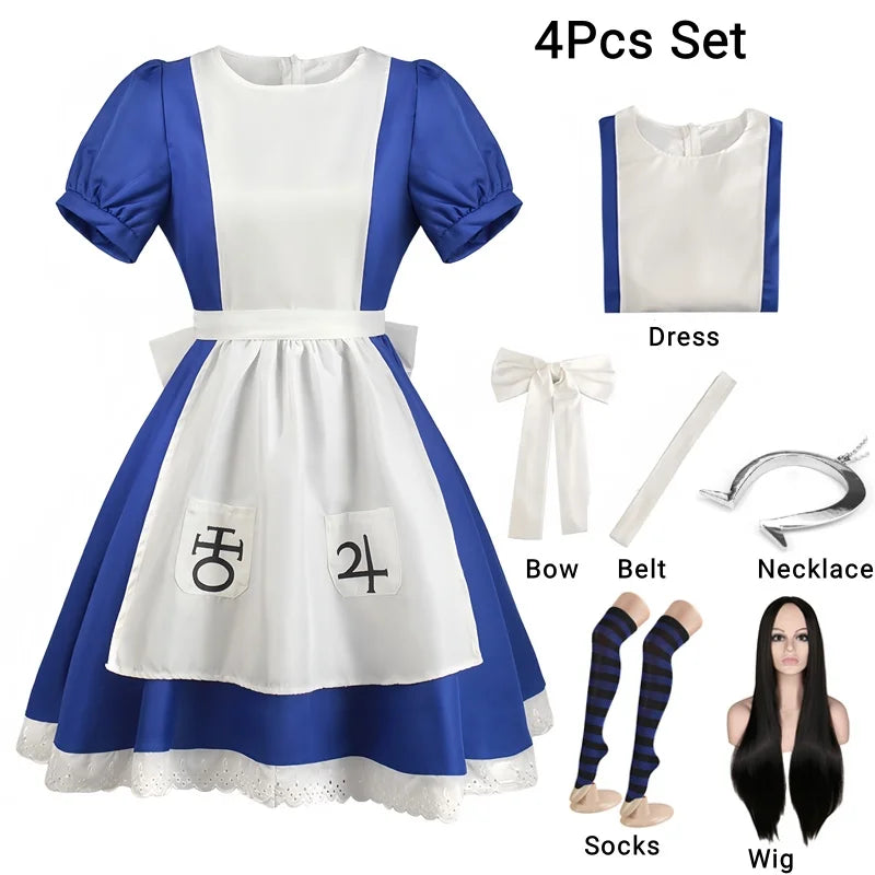 (NO Stain) Alice Madness Returns Cosplay Halloween Costume And Maid Apron Dress and Socks Women Anime Girl Women Carnival Party Dress Up