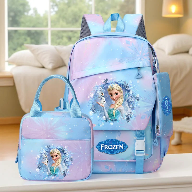 3 PC Frozen School Backpack Set with Mini Bag, Pastel Blue/Lavender Snowflake Design Adjustable Strap School bag for kids