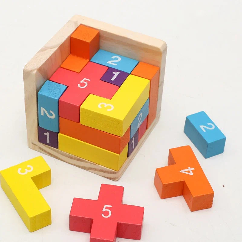 3D Cube Puzzle Interlocking - Creative Educational Wooden Toy - Brain Building Early Learning Game