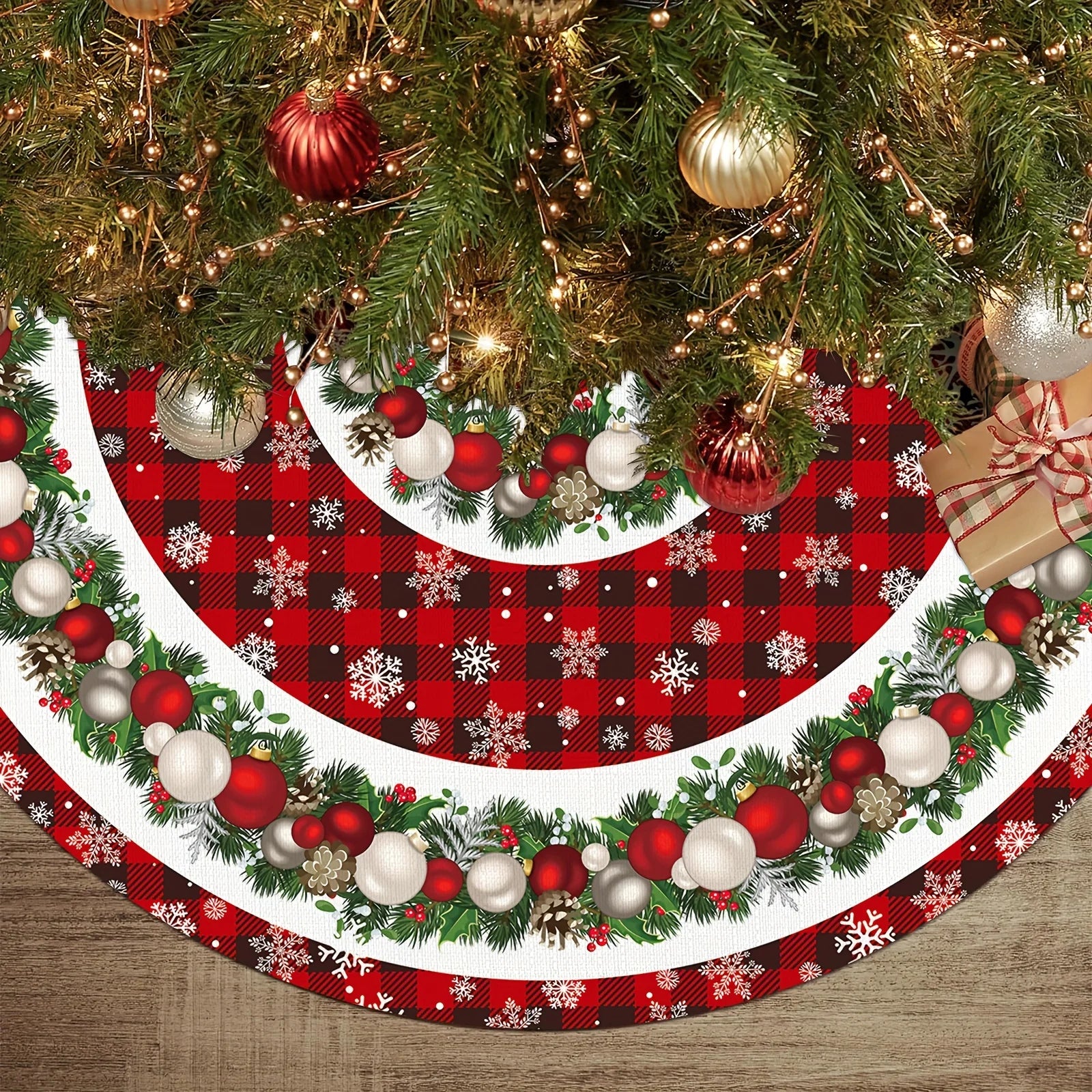 VIKAMA Red Black Checkered Christmas Tree Skirt Wreath Snowflake Print Christmas Tree Skirt Cushion Home Party Holiday Decor