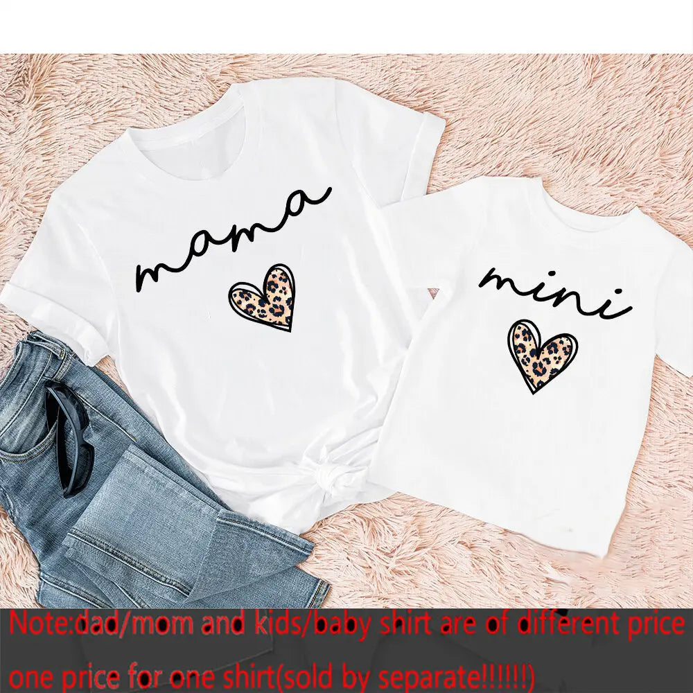 Mama Mimi Leopard Heart Print Family Matching Clothes Mother & Daughter Short Sleeve Outfit Shirt Fashion Mom Girl T-shirt Tops