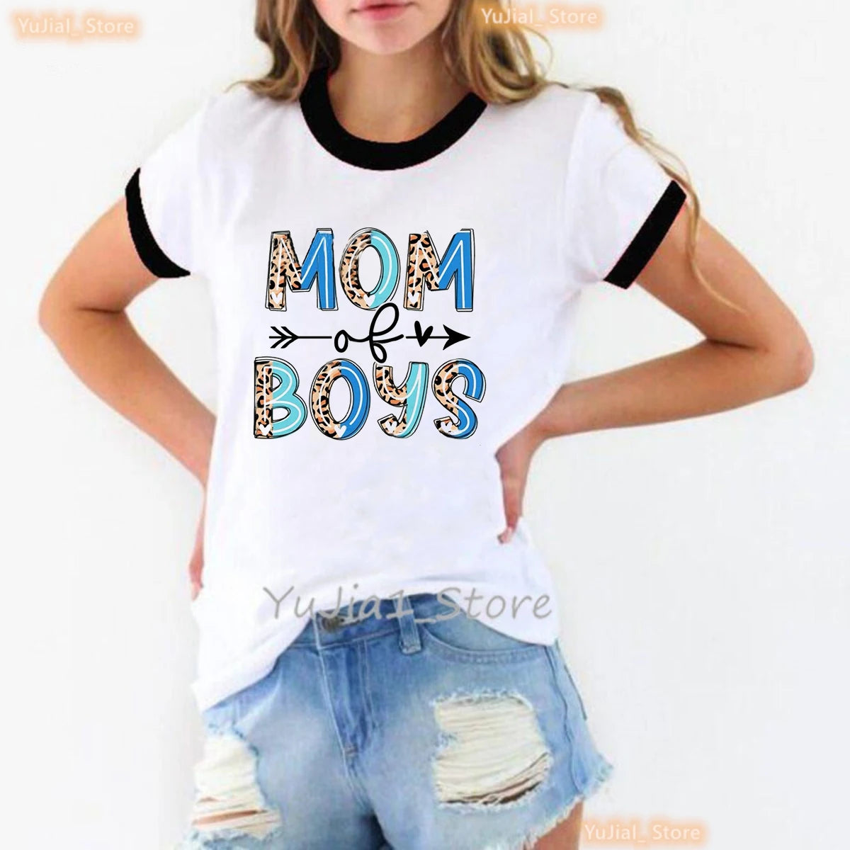 Mother'S Day Gift Mom Of Boy/Girls T Shirt Femme Leopard Blessed Mom Graphic Printed Tshirt Women Summer White T-Shirt Female