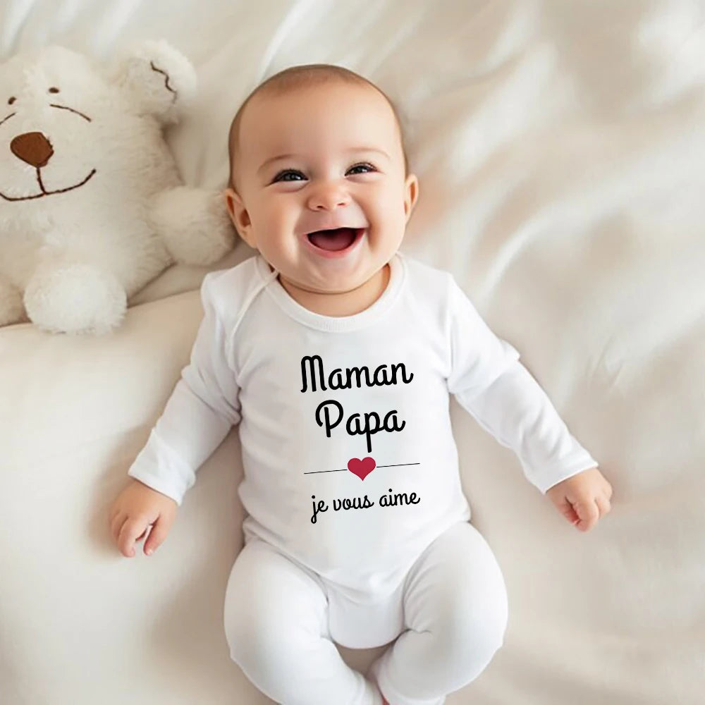 Mom Dad I Love You (French) Letter Print Infant Sleepsuit Soft Casual Comfy Long Sleeve Newborn sleepsuit Family Party Baby's Clothing