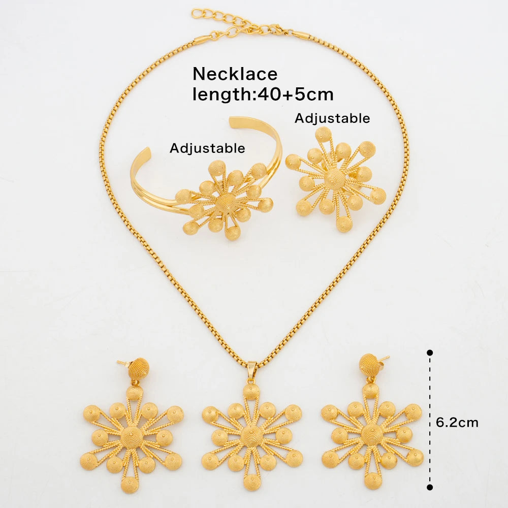 Ethiopian Gold Color Jewelry Set for Women Earrings and Pendant Necklace Bangle Ring Set for Party Engagement Jewelry Dubai