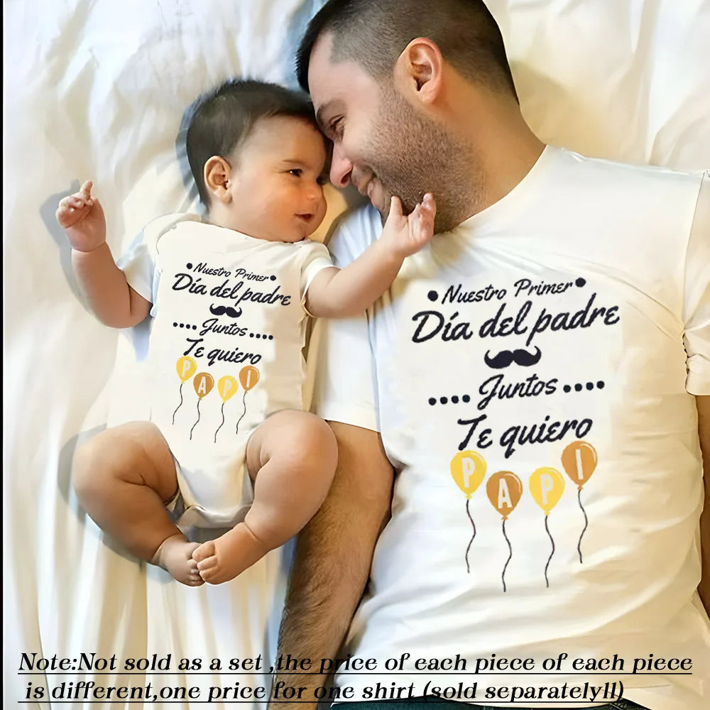 Our First Father's Day Together - Spanish text - Family Outfit Fathers Day Family Matching Outfits Daddy Tshirt+ Baby Romper Festival  Best Gifts