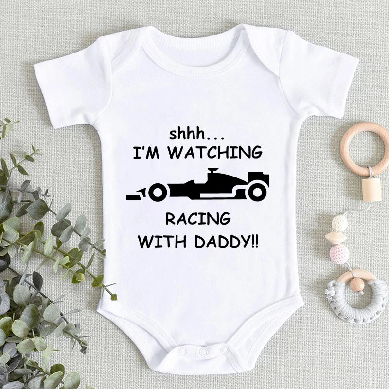 Baby Boy Onesie / Bodysuit -  I'm Watching Racing with Daddy - Short Sleeve 100% Cotton