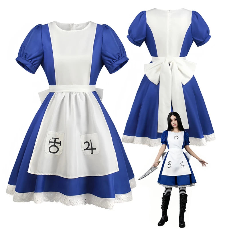 (NO Stain) Alice Madness Returns Cosplay Halloween Costume And Maid Apron Dress and Socks Women Anime Girl Women Carnival Party Dress Up