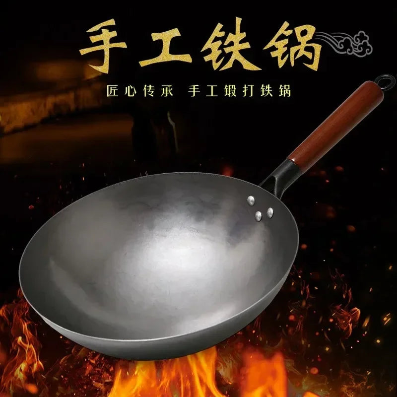 Healthy non-stick Chinese traditional wok iron pot handmade large wooden handle pan gas stove pan kitchen cookware iron pot