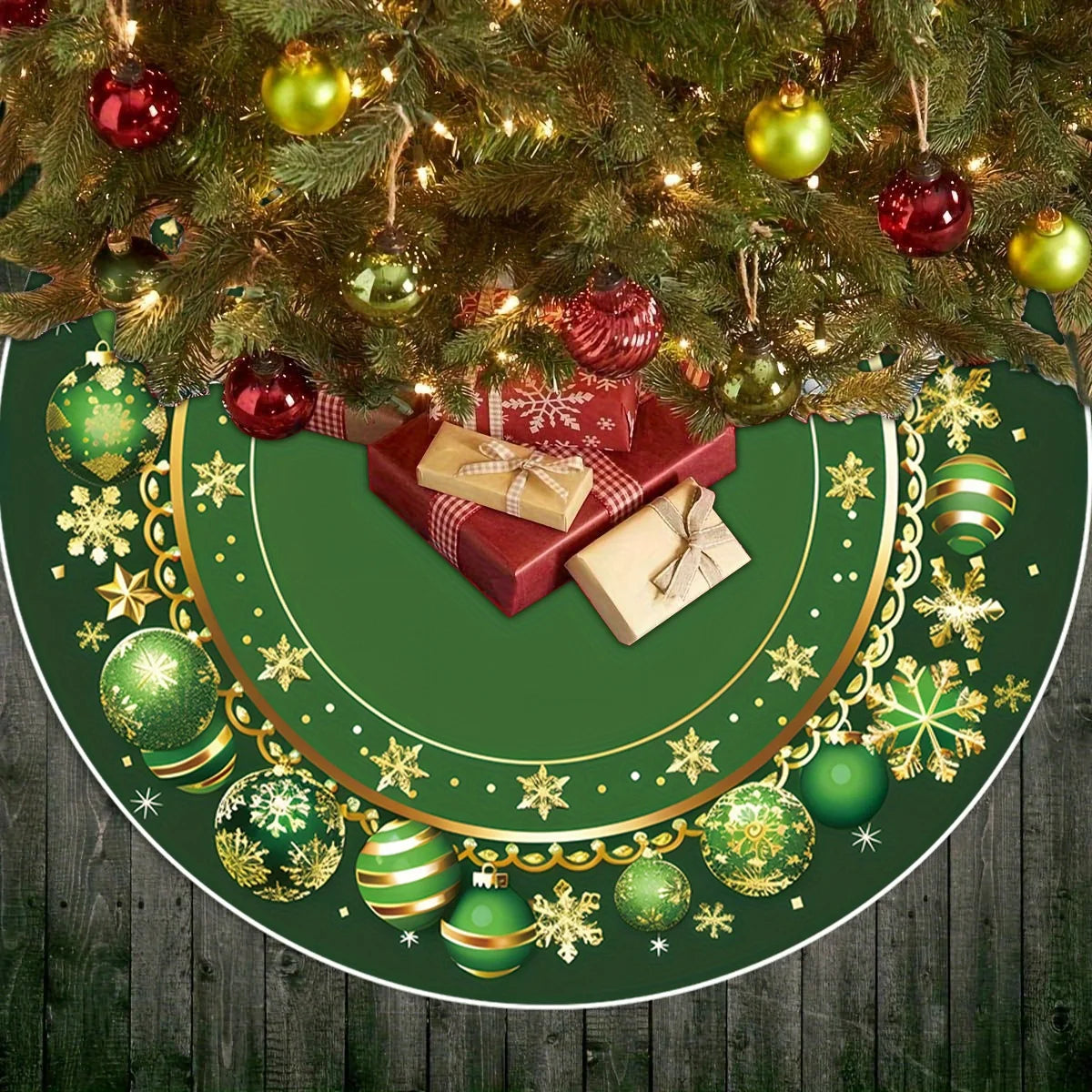 VIKAMA Dark Green Snowflake Colourful Ball Christmas Tree Skirt Vintage Style Christmas Tree Skirt Cushion Christmas Decoration