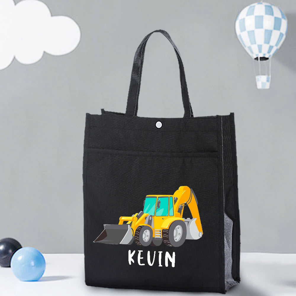 Personalized Kids Library Tote Bag Homeschool Fire Truck with Name Reading Book Bags Children School Bag Birthday Gift for Child