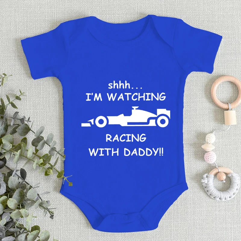 Baby Boy Onesie / Bodysuit -  I'm Watching Racing with Daddy - Short Sleeve 100% Cotton