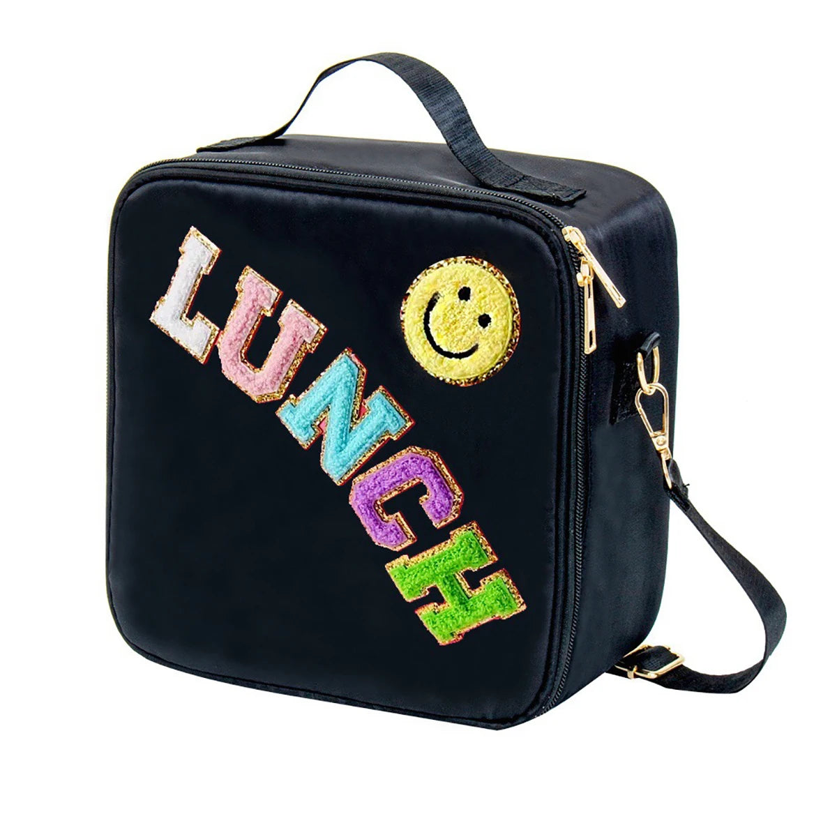 Lunch Bag, Adjustable Strap Insulated Insulated Bag, With Chenille Letter Patch Decor, For School Travel Picnic