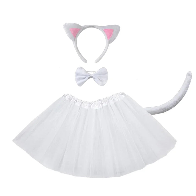 Black Cat White Cat Ear Headband Tutu Skirt Tail Gloves Set School Animal Dress Halloween Carnival Birthday Gift Cosplay Costume