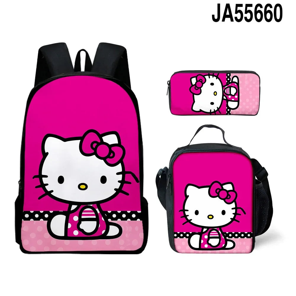 3D HelloKitty Cute Hello Kitty Backpack Lunch Bag Pencil Bag Student School Bag Kawaii Cartoon School Bag Mochila
