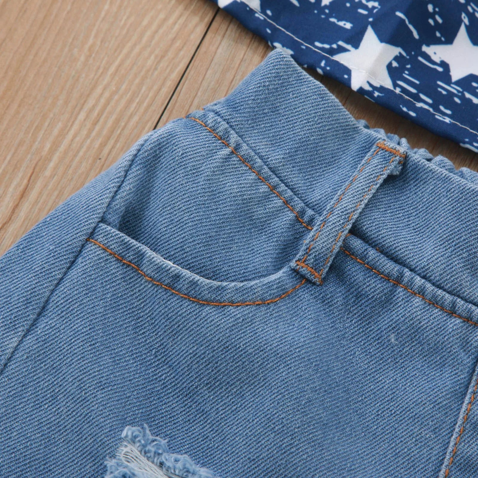 Kids Clothes Girls Summer 3Pcs Outfit Off-shoulder T-shirt with Patchwork Denim Shorts Headband 4th of July Clothing for 1-5Y