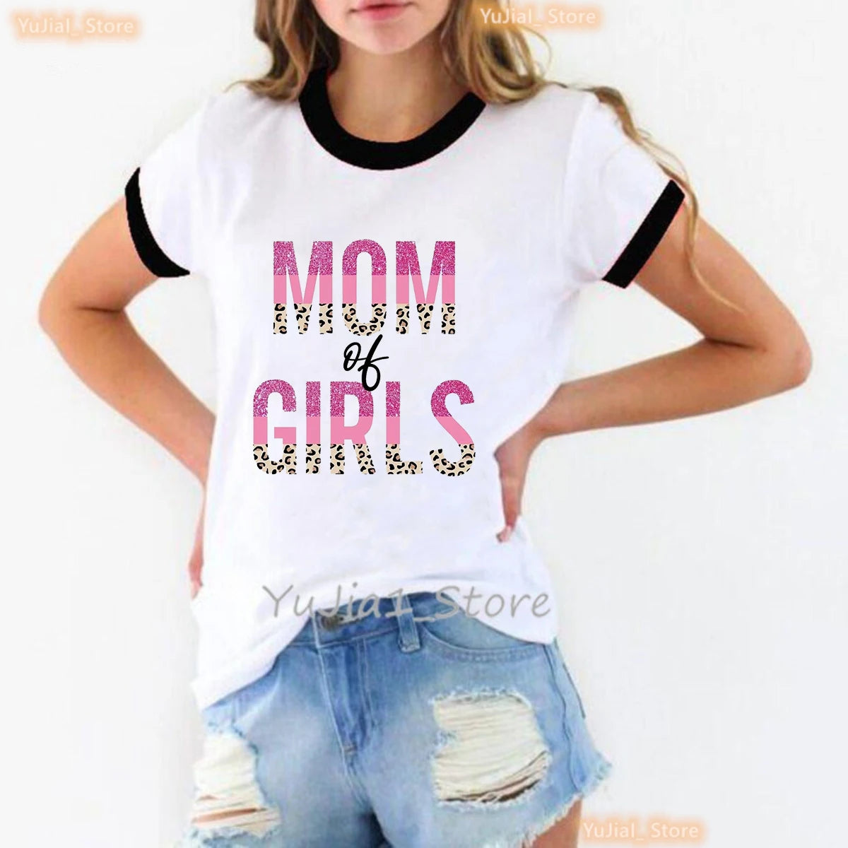 Mother'S Day Gift Mom Of Boy/Girls T Shirt Femme Leopard Blessed Mom Graphic Printed Tshirt Women Summer White T-Shirt Female