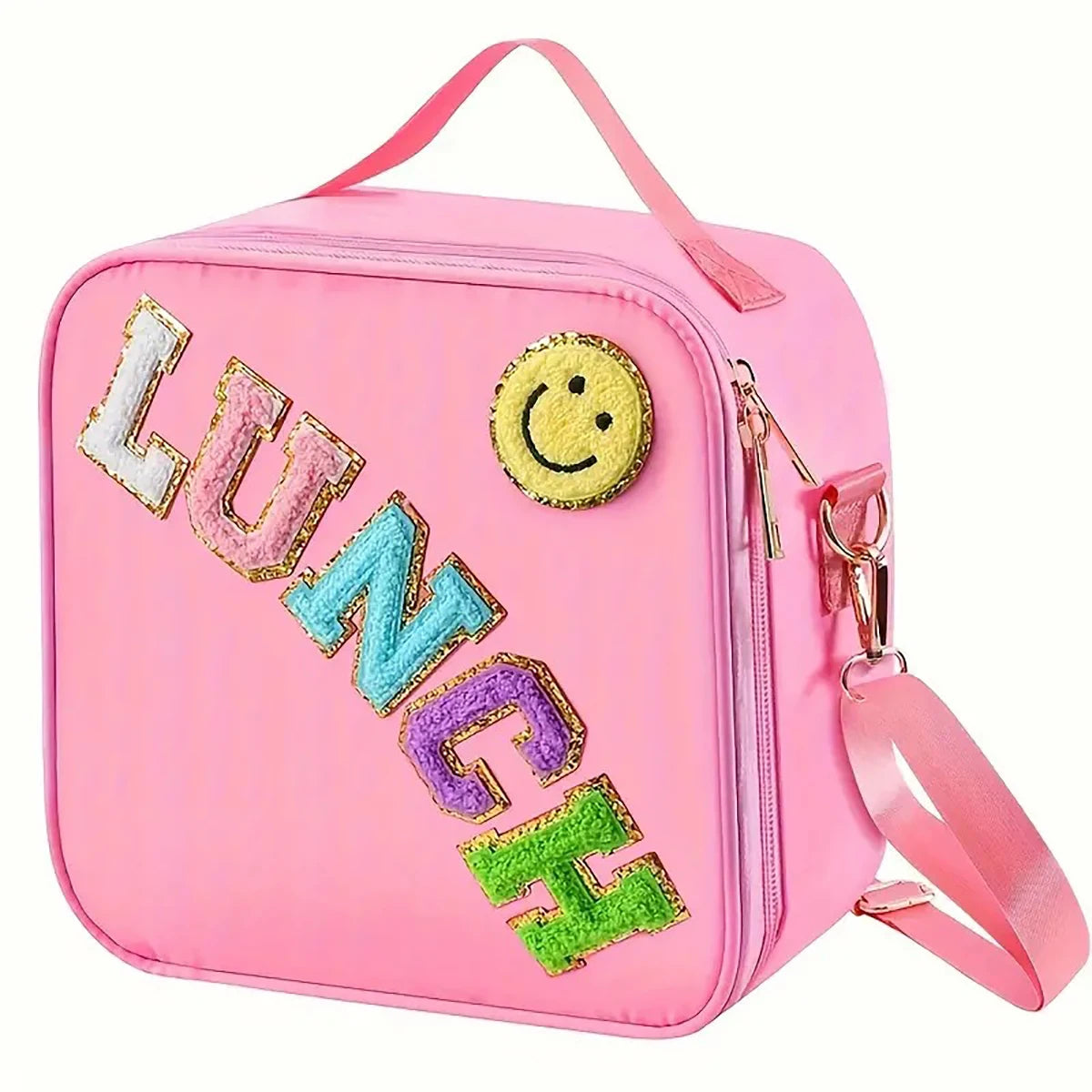 Lunch Bag, Adjustable Strap Insulated Insulated Bag, With Chenille Letter Patch Decor, For School Travel Picnic