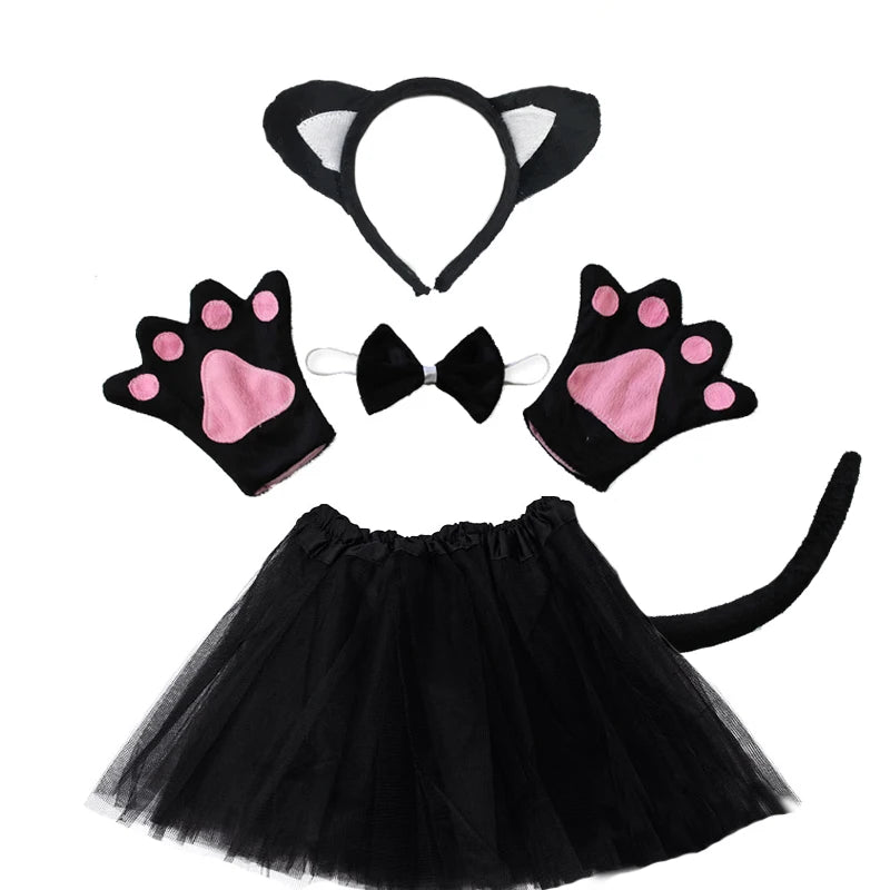 Black Cat White Cat Ear Headband Tutu Skirt Tail Gloves Set School Animal Dress Halloween Carnival Birthday Gift Cosplay Costume