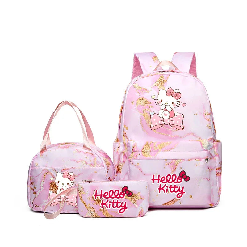 Hello Kitty Large Capacity Schoolbag Set, Cartoon Anime Backpack, Kids Girl Travel Commute Knapsack With Lunch Bag & Pencil bag