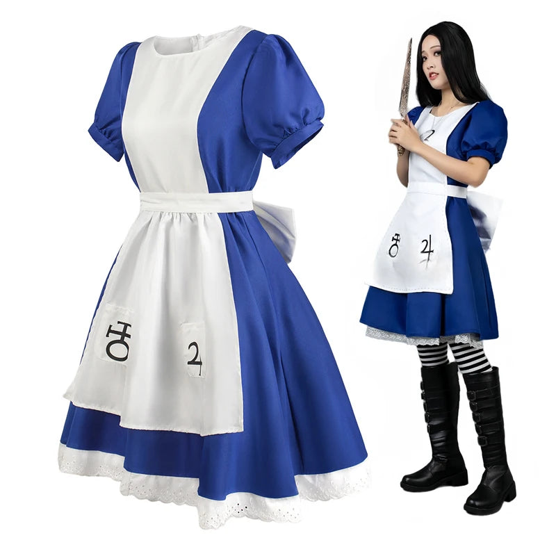 (NO Stain) Alice Madness Returns Cosplay Halloween Costume And Maid Apron Dress and Socks Women Anime Girl Women Carnival Party Dress Up