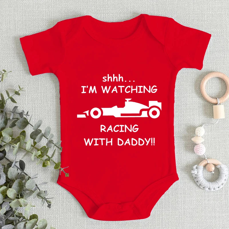 Baby Boy Onesie / Bodysuit -  I'm Watching Racing with Daddy - Short Sleeve 100% Cotton