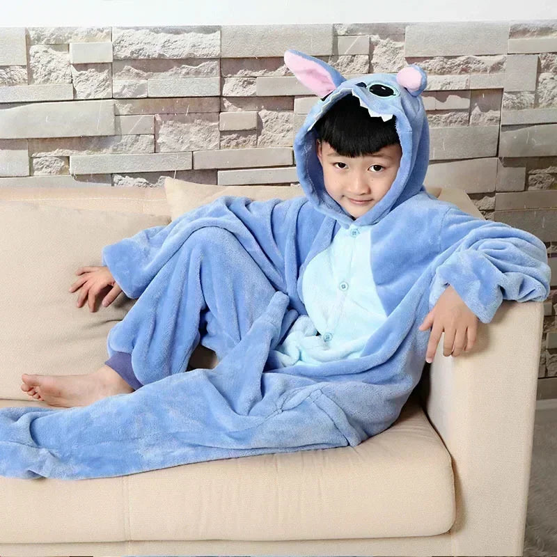 Stitch Pajamas Cartoon Winter Warm Cosplay Stitch Plush Pajamas Home Clothes Set Boys Girls Birthday Christmas Gifts