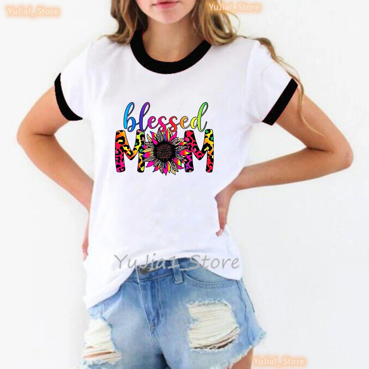 Mother'S Day Gift Mom Of Boy/Girls T Shirt Femme Leopard Blessed Mom Graphic Printed Tshirt Women Summer White T-Shirt Female