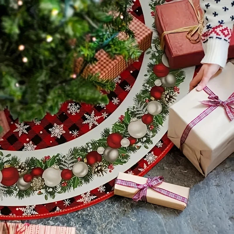 VIKAMA Red Black Checkered Christmas Tree Skirt Wreath Snowflake Print Christmas Tree Skirt Cushion Home Party Holiday Decor