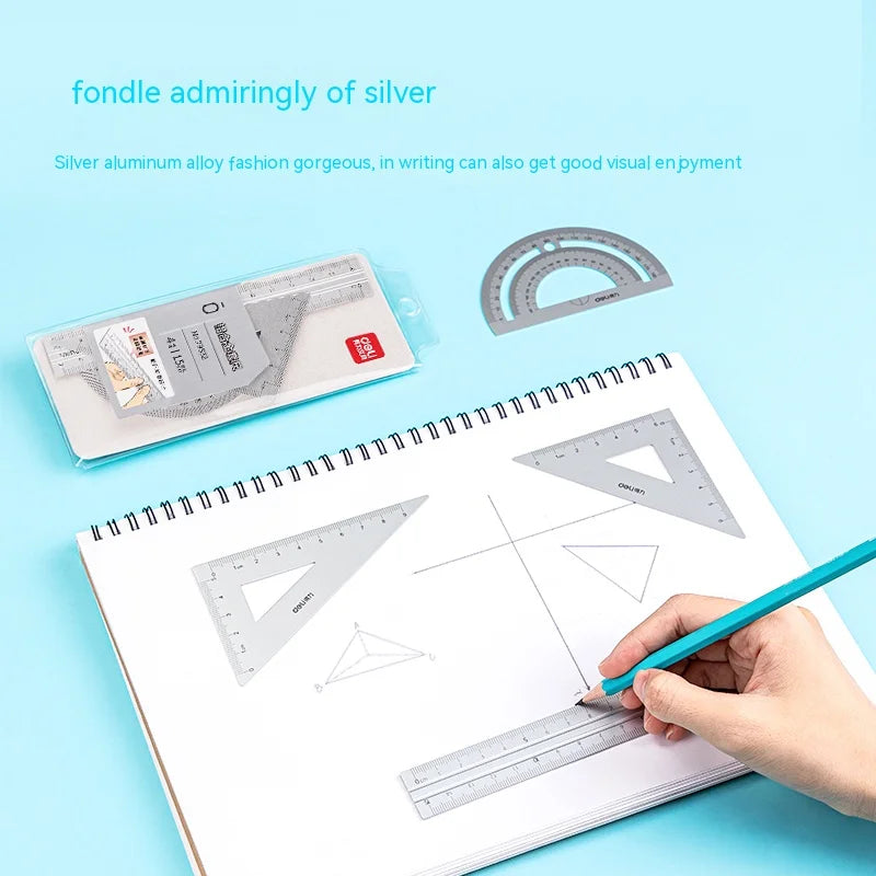 Deli Student Stationery Set,Triangle Ruler,Straight Ruler,Grid Ruler,Angle Measuring Tool,Aluminum Alloy Material（4Pcs/Set）