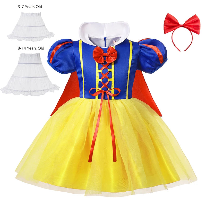 Snow White Princess Dress Kids Girl Costume With Cape Headwear Halloween Carnival - Birthday Party Cosplay Children Clothes