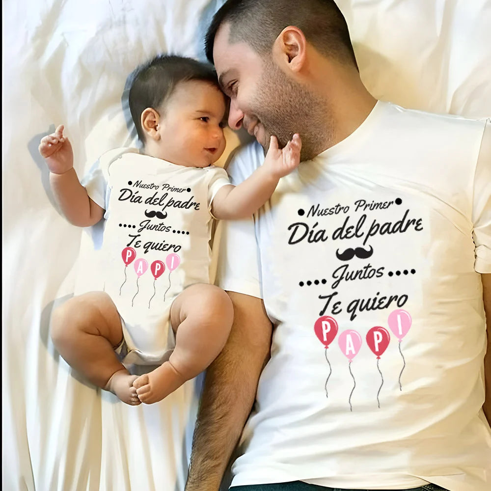 Our First Father's Day Together - Spanish text - Family Outfit Fathers Day Family Matching Outfits Daddy Tshirt+ Baby Romper Festival  Best Gifts