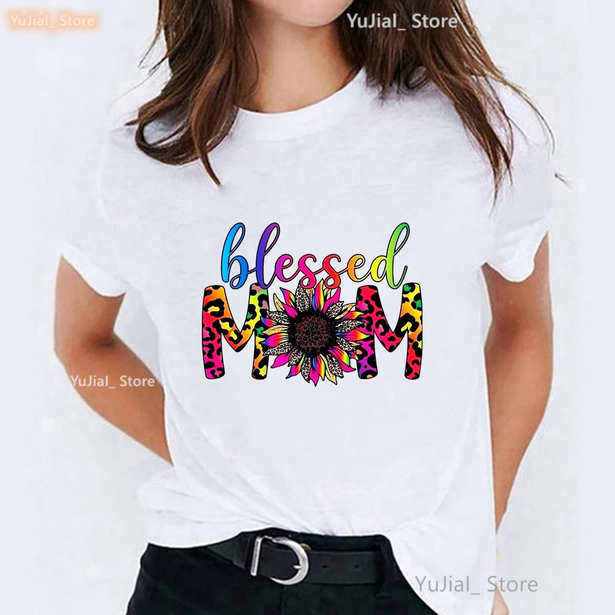 Mother'S Day Gift Mom Of Boy/Girls T Shirt Femme Leopard Blessed Mom Graphic Printed Tshirt Women Summer White T-Shirt Female