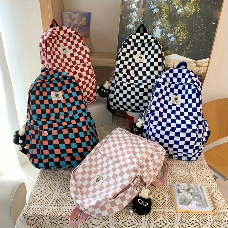 Leisure Backpack Korean Version Checkered Contrasting Color Design, Daily Same Class Backpack, Casual Simple Middle and High Sch