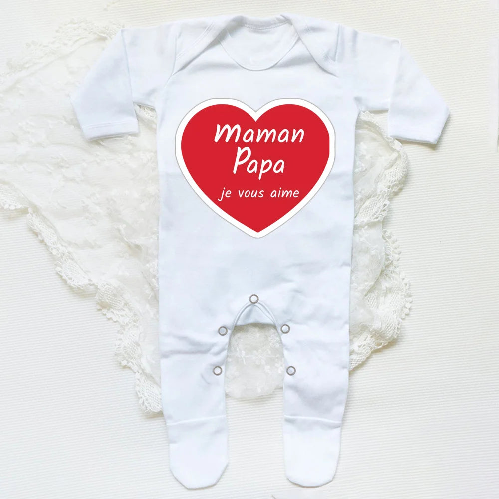 Mom Dad I Love You (French) Letter Print Infant Sleepsuit Soft Casual Comfy Long Sleeve Newborn sleepsuit Family Party Baby's Clothing