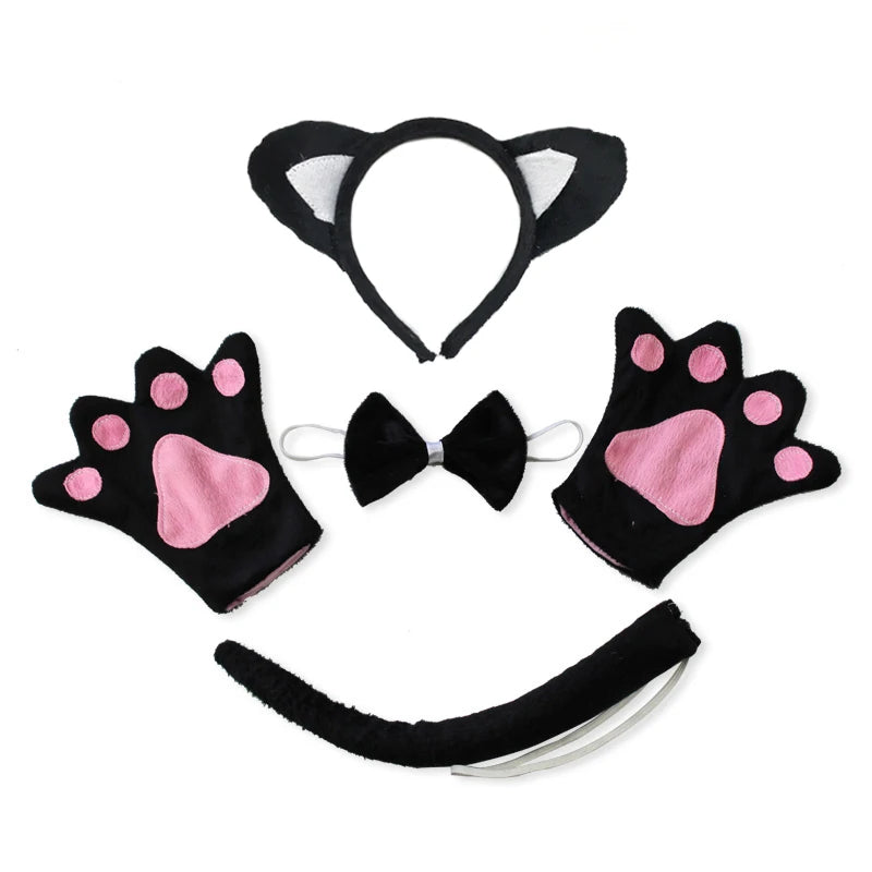 Black Cat White Cat Ear Headband Tutu Skirt Tail Gloves Set School Animal Dress Halloween Carnival Birthday Gift Cosplay Costume