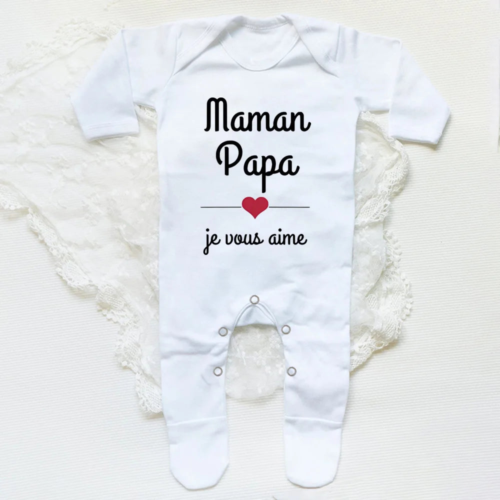 Mom Dad I Love You (French) Letter Print Infant Sleepsuit Soft Casual Comfy Long Sleeve Newborn sleepsuit Family Party Baby's Clothing