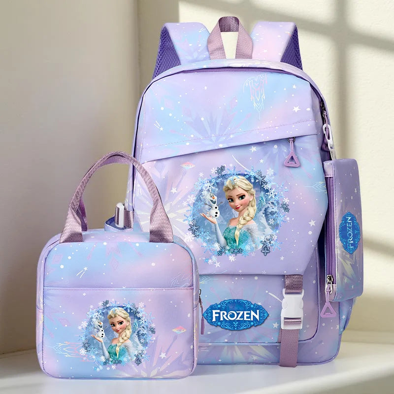 3 PC Frozen School Backpack Set with Mini Bag, Pastel Blue/Lavender Snowflake Design Adjustable Strap School bag for kids