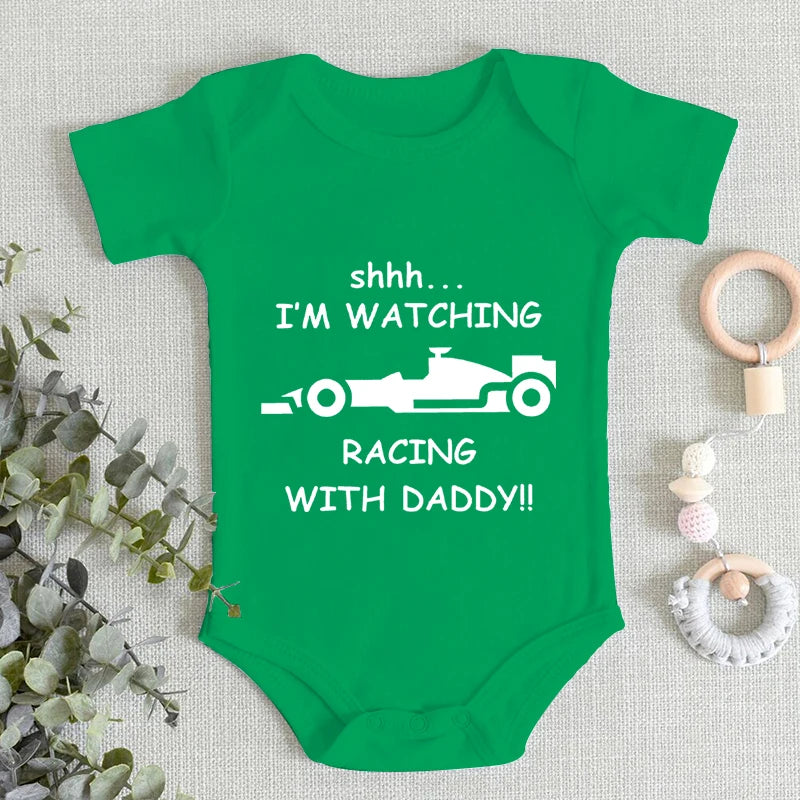 Baby Boy Onesie / Bodysuit -  I'm Watching Racing with Daddy - Short Sleeve 100% Cotton