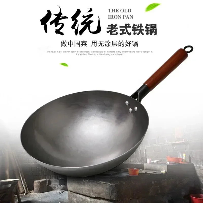 Healthy non-stick Chinese traditional wok iron pot handmade large wooden handle pan gas stove pan kitchen cookware iron pot