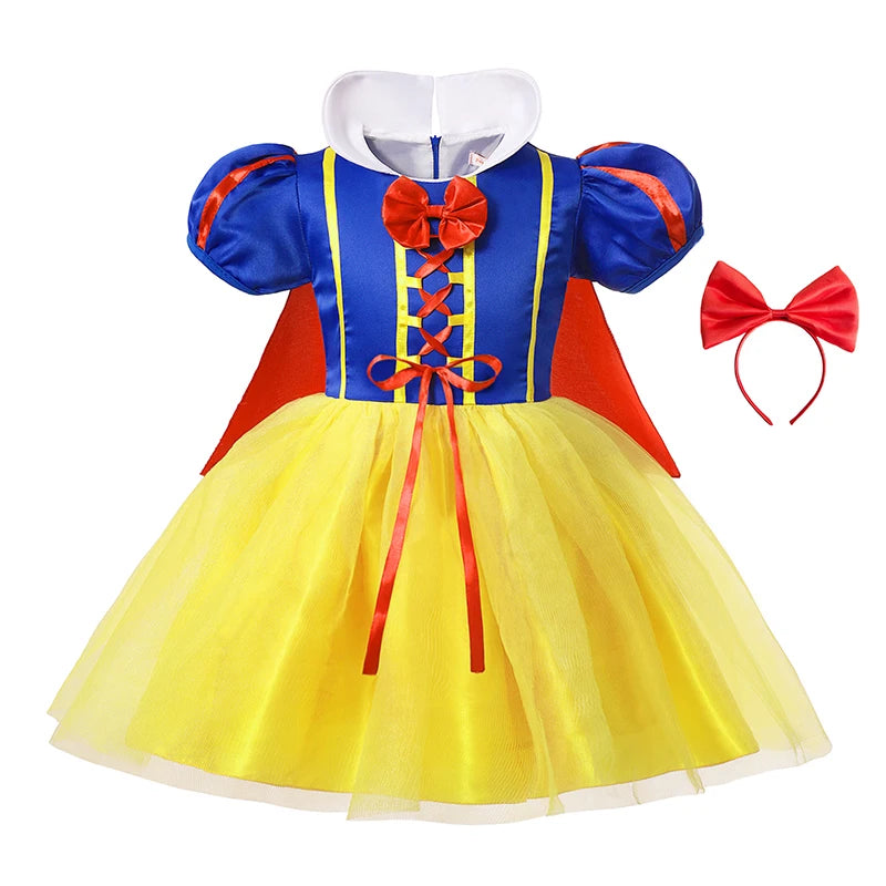 Snow White Princess Dress Kids Girl Costume With Cape Headwear Halloween Carnival - Birthday Party Cosplay Children Clothes