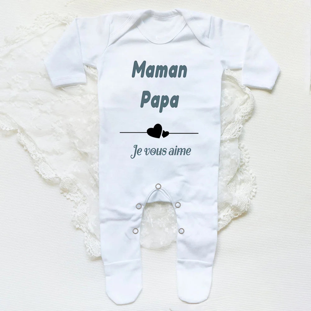 Mom Dad I Love You (French) Letter Print Infant Sleepsuit Soft Casual Comfy Long Sleeve Newborn sleepsuit Family Party Baby's Clothing