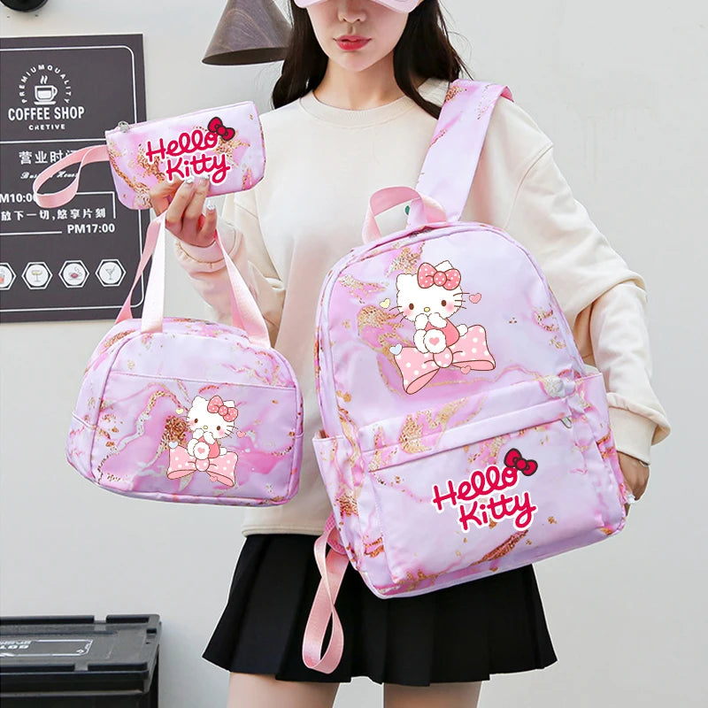 Hello Kitty Large Capacity Schoolbag Set, Cartoon Anime Backpack, Kids Girl Travel Commute Knapsack With Lunch Bag & Pencil bag