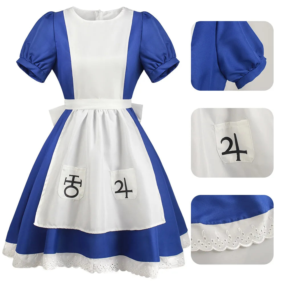 (NO Stain) Alice Madness Returns Cosplay Halloween Costume And Maid Apron Dress and Socks Women Anime Girl Women Carnival Party Dress Up