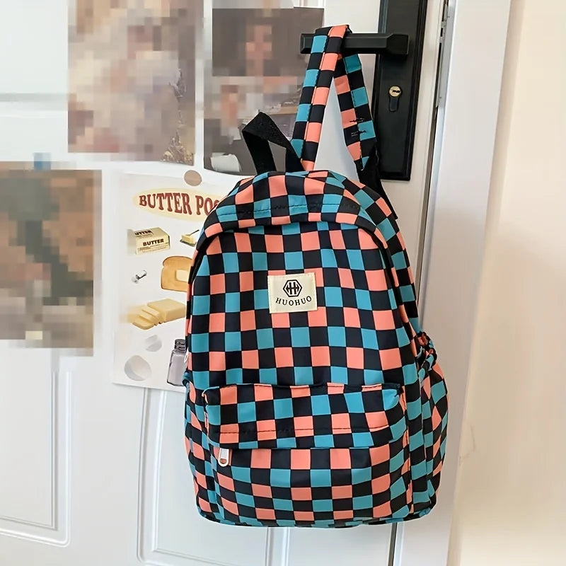 Leisure Backpack Korean Version Checkered Contrasting Color Design, Daily Same Class Backpack, Casual Simple Middle and High Sch