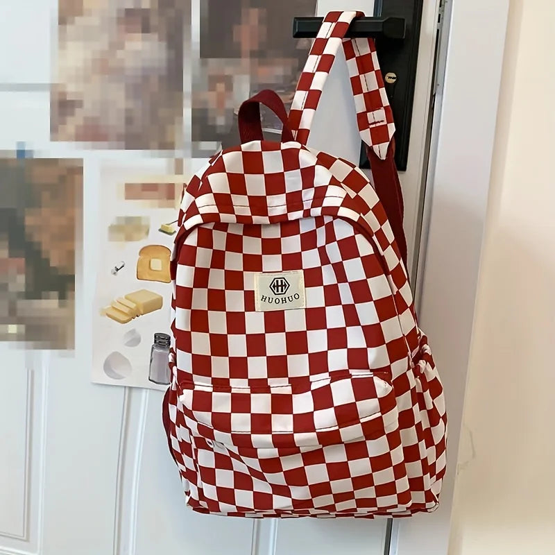 Leisure Backpack Korean Version Checkered Contrasting Color Design, Daily Same Class Backpack, Casual Simple Middle and High Sch