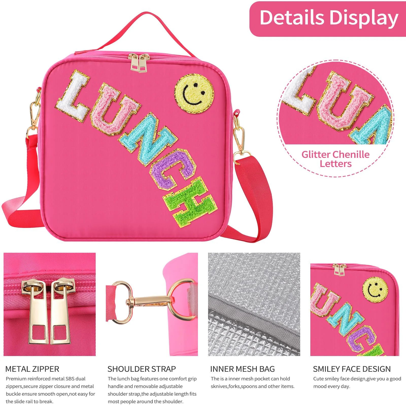 Lunch Bag, Adjustable Strap Insulated Insulated Bag, With Chenille Letter Patch Decor, For School Travel Picnic